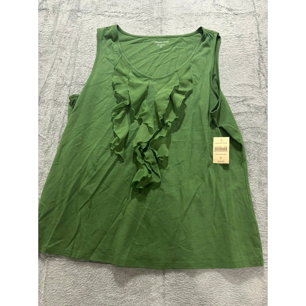 NWT Coldwater Creek Tank Top Womens XL Green‎ Ruffle Front Casual Lightweight
